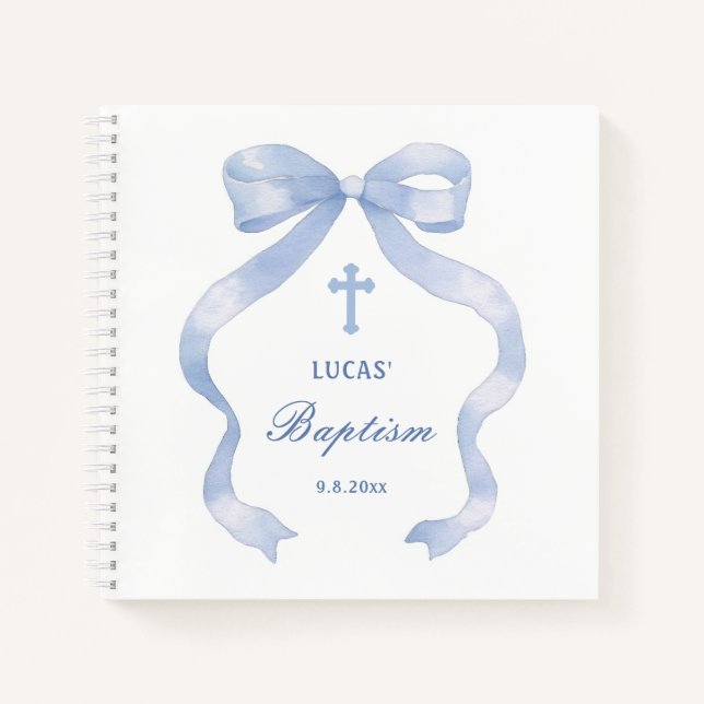 Elegant Blue Bow Taufen Gästebuch Notizbuch (Vorderseite)