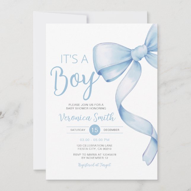 Elegant Blue Bow themed Girl Coquette Baby Shower Einladung (Vorderseite)