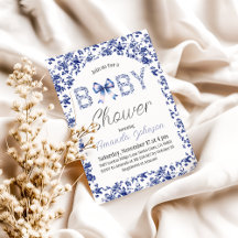 Elegant Blue Bow Toile de Jouy Floral Baby Shower