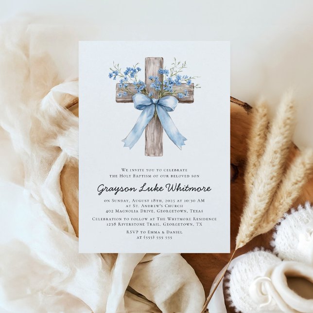 Elegant Blue Bow Wildflowers Baptism Einladung (Von Creator hochgeladen)