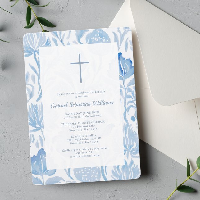 Elegant Blue Boy Taufen Christening Einladung (Von Creator hochgeladen)