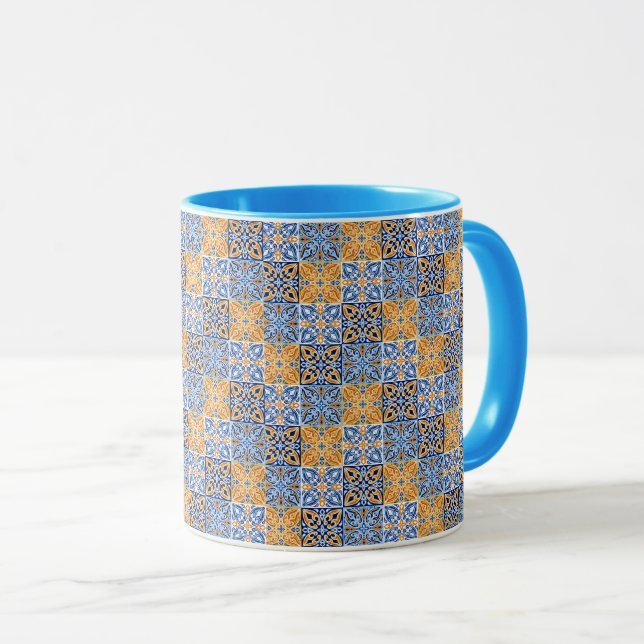 Elegant blue& brow yellow Italian  pattern  Tasse (VorderseiteRechts)