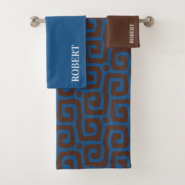 Elegant Blue &Brown Abstract Pattern Custom Name Badhandtuch Set (Insitu)