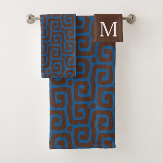 Elegant Blue &Brown Abstract Pattern Monogram Badhandtuch Set (Insitu)