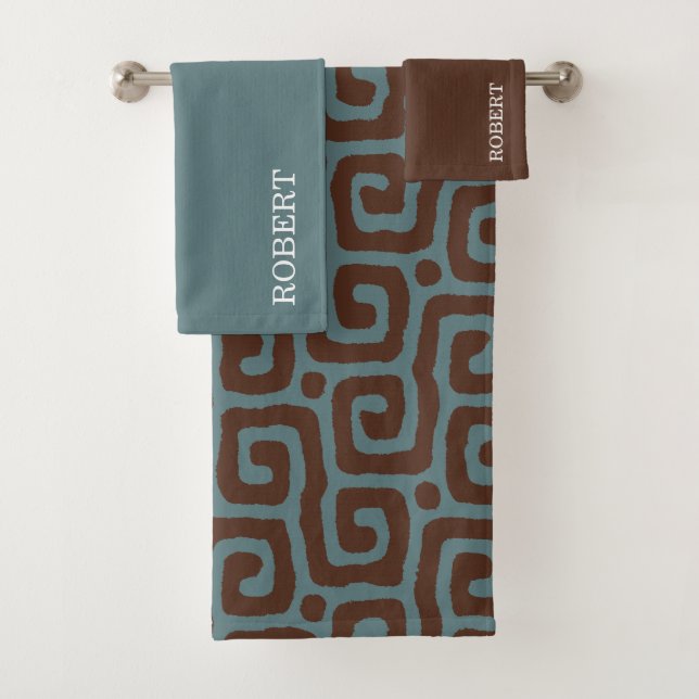 Elegant Blue &Brown Abstract Pattern Monogram Badhandtuch Set (Insitu)