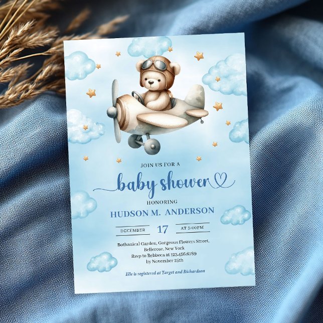 Elegant Blue Brown Teddy Bear Pilot Baby Shower  Einladung (Elegant Blue Brown Teddy Bear Pilot Baby Shower Invite

)