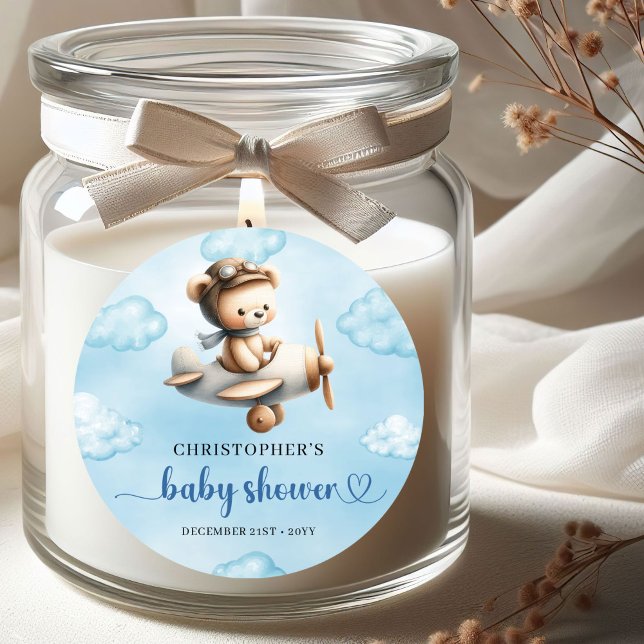 Elegant Blue Brown Teddy Bear Pilot Boy Baby Showe Runder Aufkleber (Elegant Blue Brown Teddy Bear Pilot Boy Baby Shower Sticker

)
