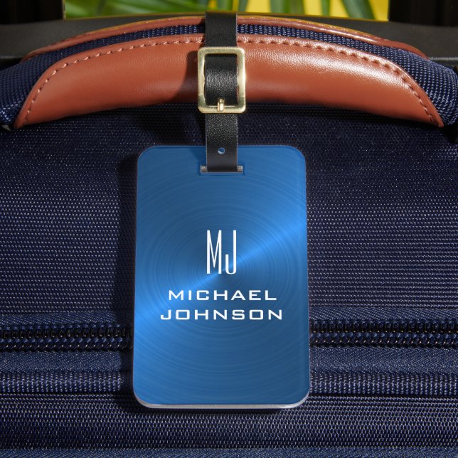Elegant Blue Brushed Metallic Mit Monogramm Initia Gepäckanhänger (Vorderseite Insitu 2)