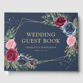 Elegant Blue Burgundy Gold Geometric Wedding Gästebuch