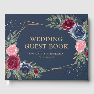Elegant Blue Burgundy Gold Geometric Wedding Gästebuch