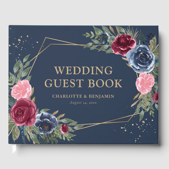 Elegant Blue Burgundy Gold Geometric Wedding Gästebuch (Vorderseite)