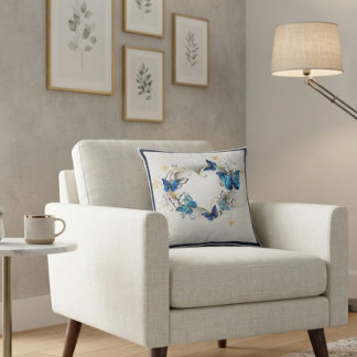 Elegant Blue Butterflies and Golden Heart Kissen