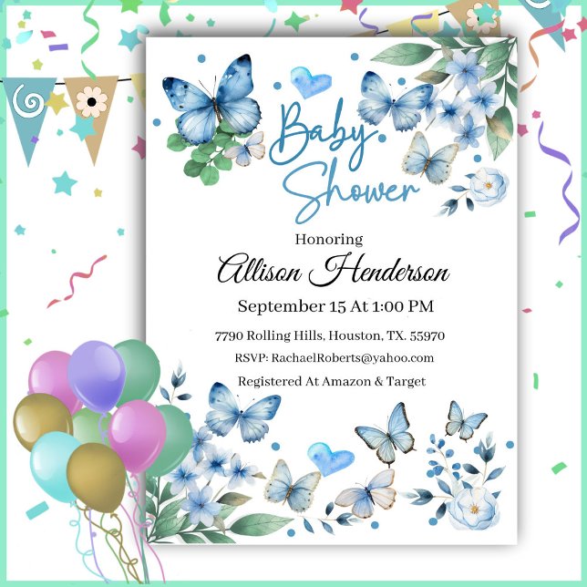 Elegant Blue Butterfly Boy Baby Shower Einladung (Von Creator hochgeladen)