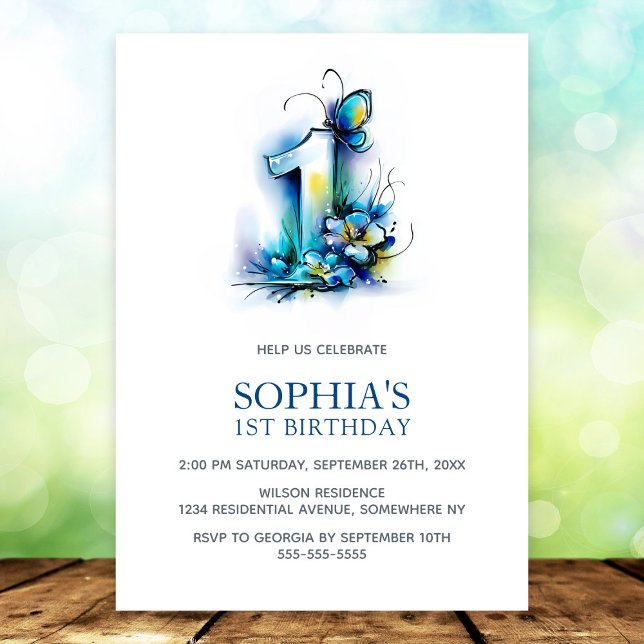 Elegant Blue Butterfly Floral 1st Birthday Party Einladung (Von Creator hochgeladen)
