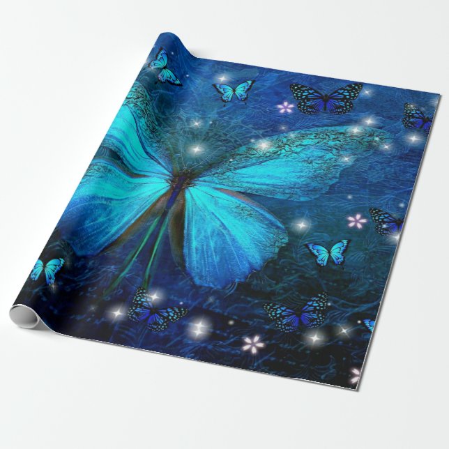 Elegant Blue Butterfly Geschenkpapier (Ungerollt)