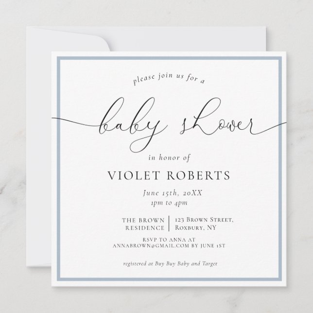 Elegant Blue Calligraphy Baby Shower Einladung (Vorderseite)