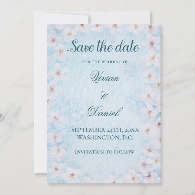 Elegant Blue Cherry Blossom Save the Date Hochzeit (Vorderseite)