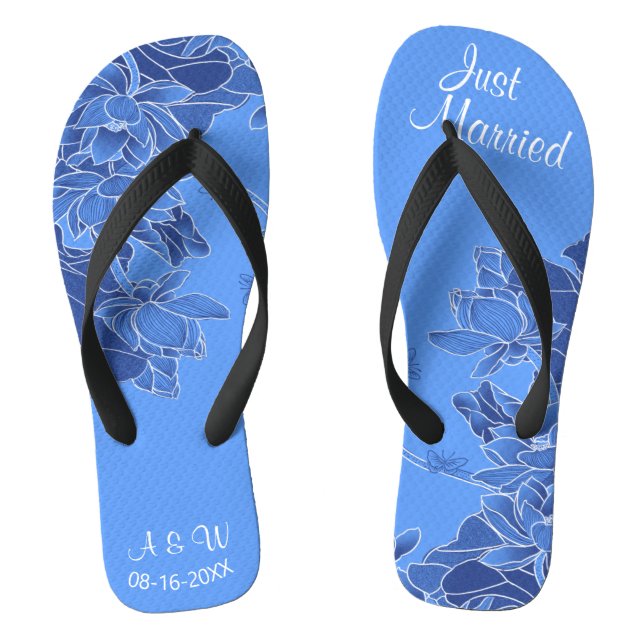 Elegant Blue Chinoiserie Chic Wedding Just Married Flip Flops (Fußbett)