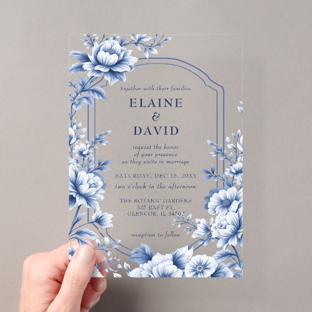 Elegant Blue Chinoiserie Floral Botanical Wedding Acryleinladungen (Insitu (Handheld))