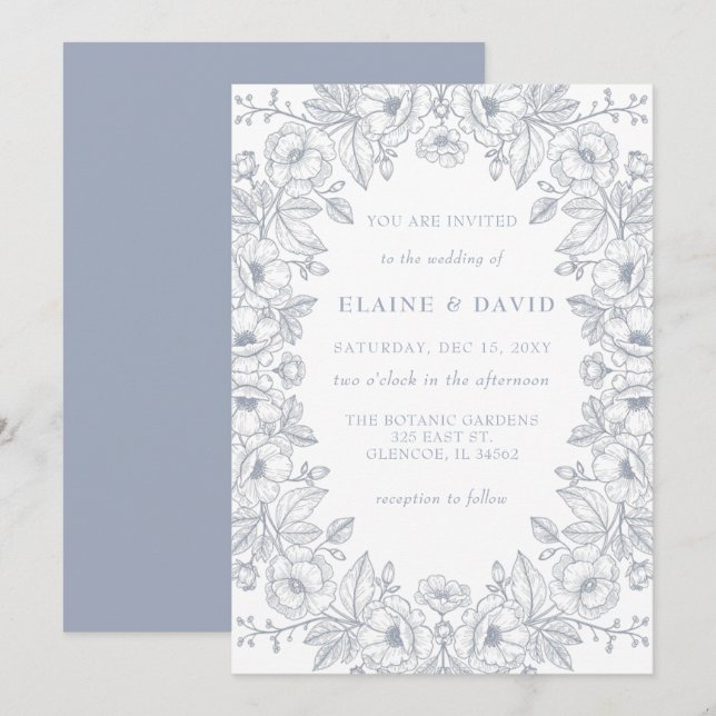 Elegant Blue Chinoiserie Floral Botanical Wedding Einladung (Vorne/Hinten)