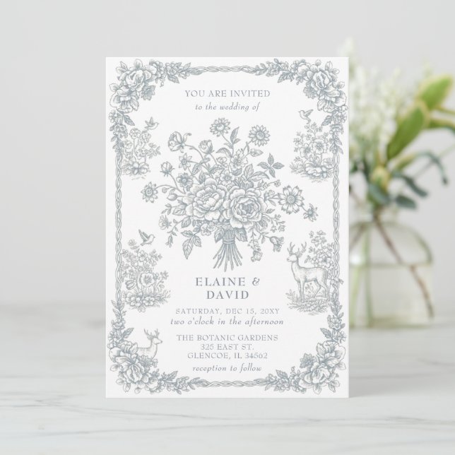 Elegant Blue Chinoiserie Floral Botanical Wedding Einladung (Stehend Vorderseite)
