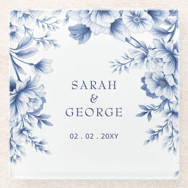 Elegant Blue Chinoiserie Floral Botanical Wedding Glasuntersetzer (Vorderseite)