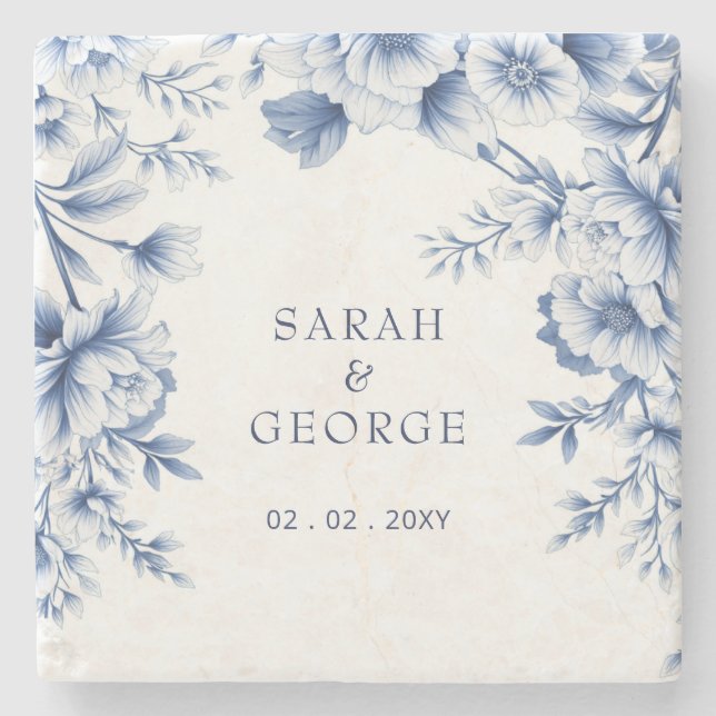 Elegant Blue Chinoiserie Floral Botanical Wedding Steinuntersetzer (Vorderseite)