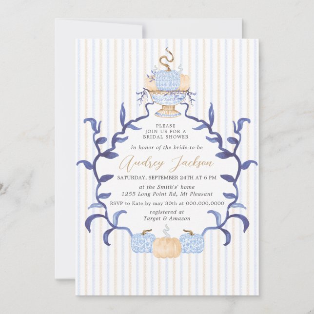 Elegant Blue Chinoiserie Pumpkin Bridal Shower Einladung (Vorderseite)