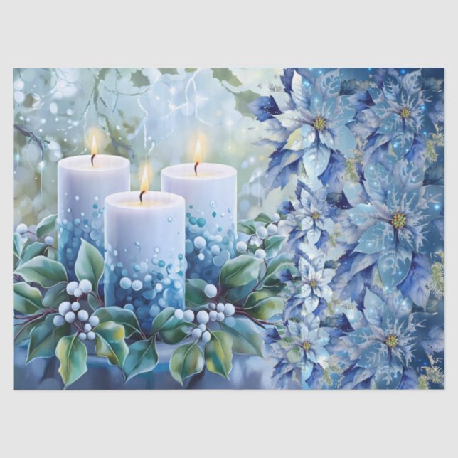 Elegant Blue Christmas Floral Candles Decoupage Seidenpapier (Vorderseite)