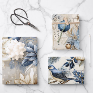 Elegant Blue Christmas Floral Geschenkpapier Set