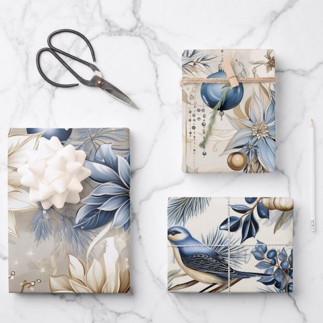 Elegant Blue Christmas Floral Geschenkpapier Set (Vorderseite)