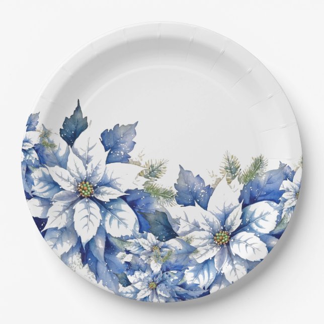 Elegant Blue Christmas Poinsettia Pappteller (Vorderseite)