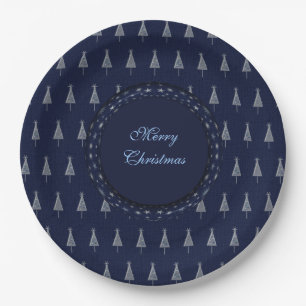 Elegant Blue Christmas Trees and Stars Pappteller