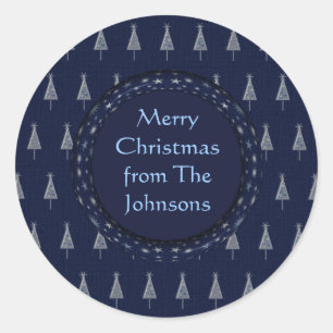 Elegant Blue Christmas Trees and Stars Runder Aufkleber
