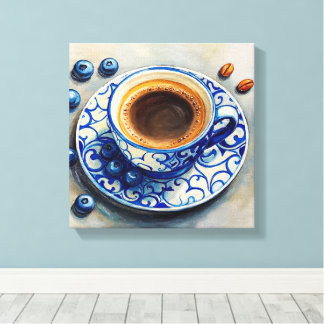 Elegant Blue Coffee Cup with Blueberries – Realist Leinwanddruck