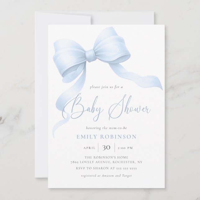 Elegant Blue Coquette Bow Boy Baby Shower Einladung (Vorderseite)