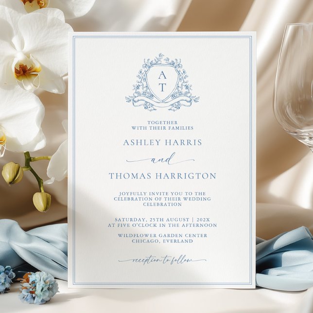 Elegant Blue Crest Monogram Wedding Invitation (Créateur téléchargé)