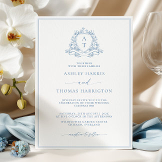 Elegant Blue Crest Monogram Wedding Invitation Einladung