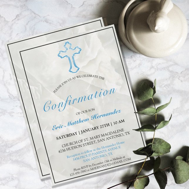 Elegant Blue Cross Marlbord Boys Bestätigung Einladung (MODERN BLUE CROSS MARBLE CONFIRMATION INVITATION)