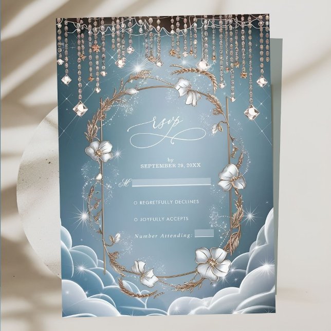 Elegant Blue Crystal Drops Wedding RSVP Karte (Von Creator hochgeladen)