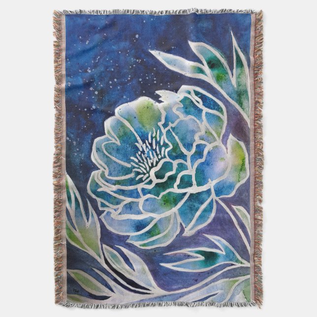 Elegant Blue Dahlia Navy Aquamarin Floral Watercol Decke (Vorderseite Vertikal)