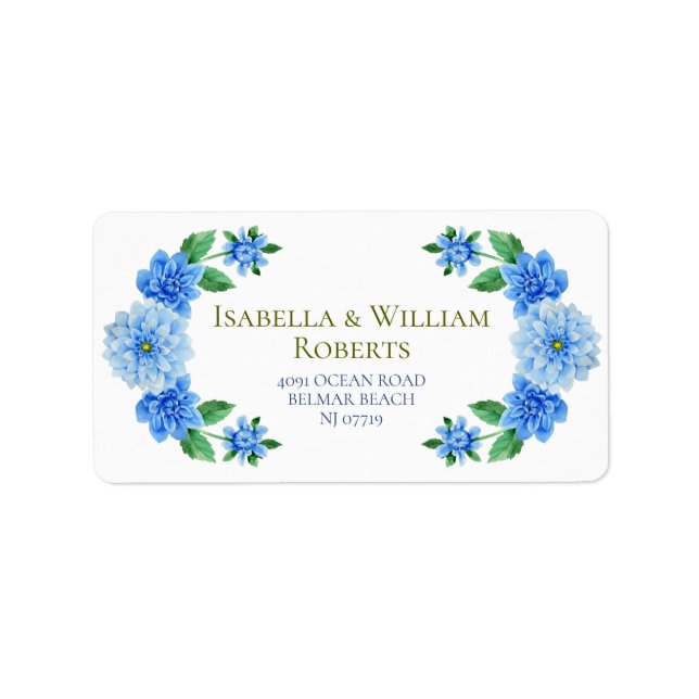 Elegant Blue Dahlia Wedding Address Adressaufkleber (Vorne)