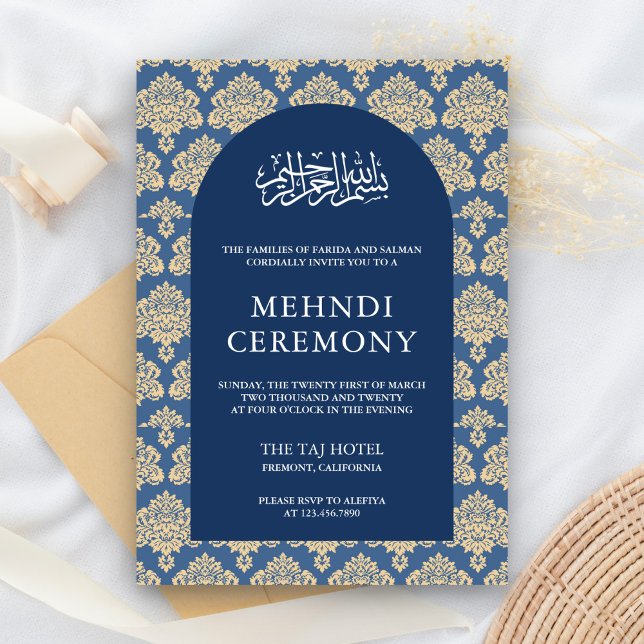 Elegant Blue Damask Arch Islamische Mehndi Zeremon Begleitkarte (Von Creator hochgeladen)
