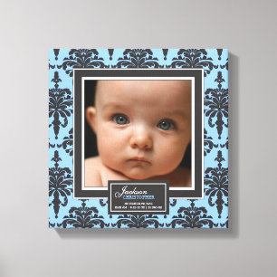 Elegant Blue Damask Baby Foto Geburtsdekor Leinwanddruck