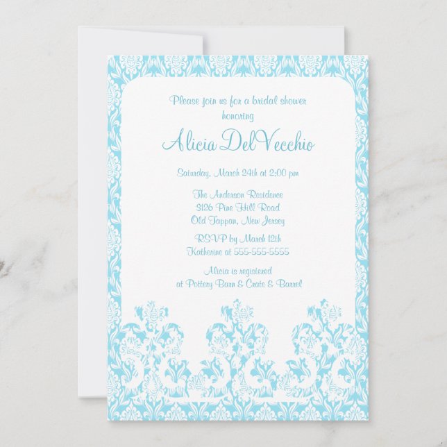 Elegant Blue Damask Bridal Dusche Einladung (Vorderseite)