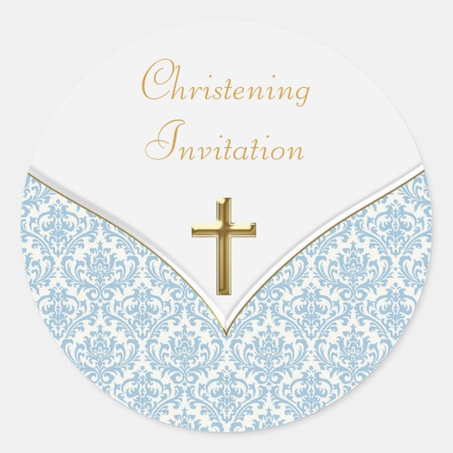 Elegant Blue Damask Christening Stickers (Vorderseite)