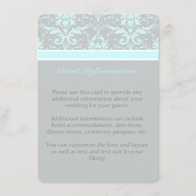 Elegant Blue Damask Guest Information Card Begleitkarte (Vorderseite)