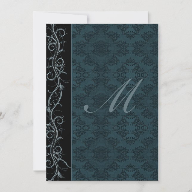 Elegant Blue Damask Wedding Einladung (Vorderseite)