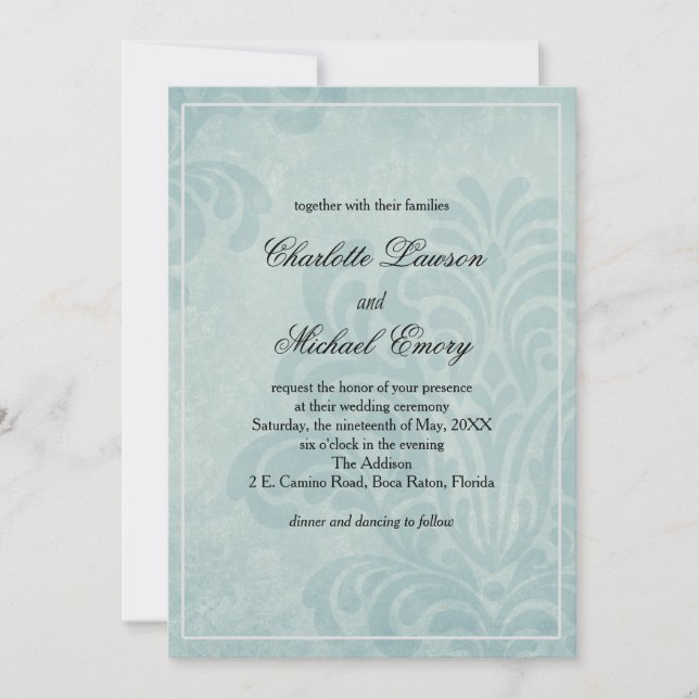 Elegant Blue Damask Wedding Einladung (Vorderseite)