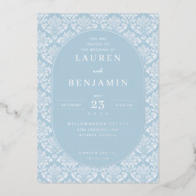 Elegant Blue Damask Wedding Invitation Folieneinladung (Vorderseite)